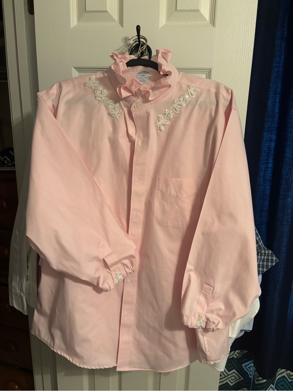 Remade men’s to embellished Girls Button-Front Shirt with Ruffle Collar B-27